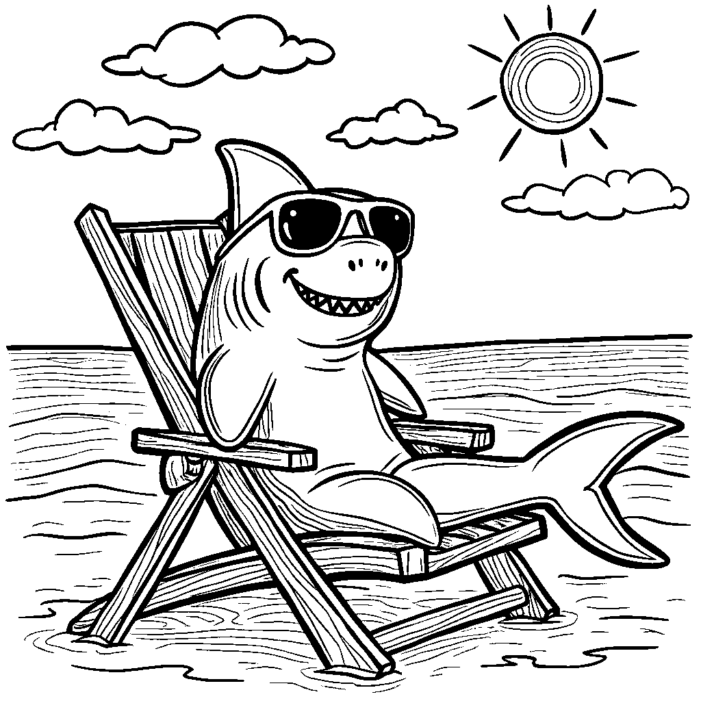 A shark wearing sunglasses and lounging on a beach chair.