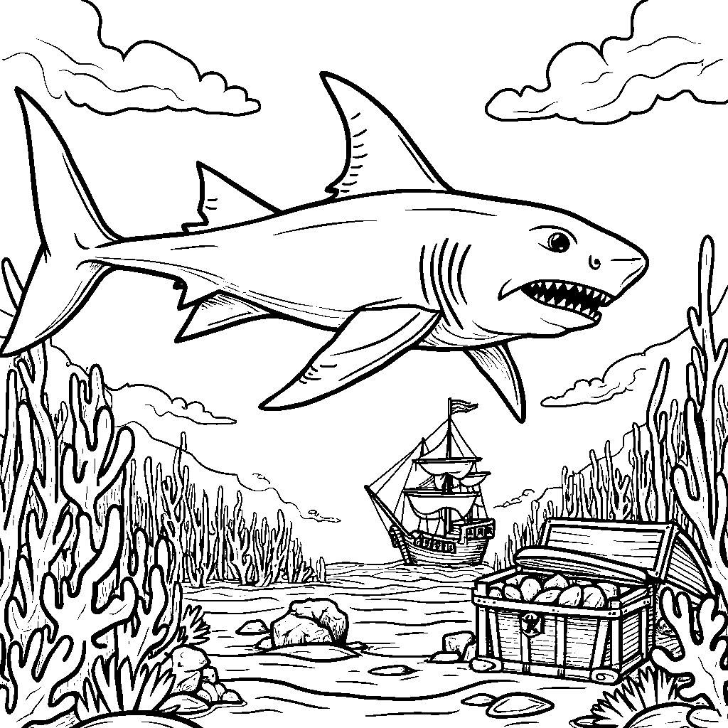 A shark with a treasure map searching for buried treasure