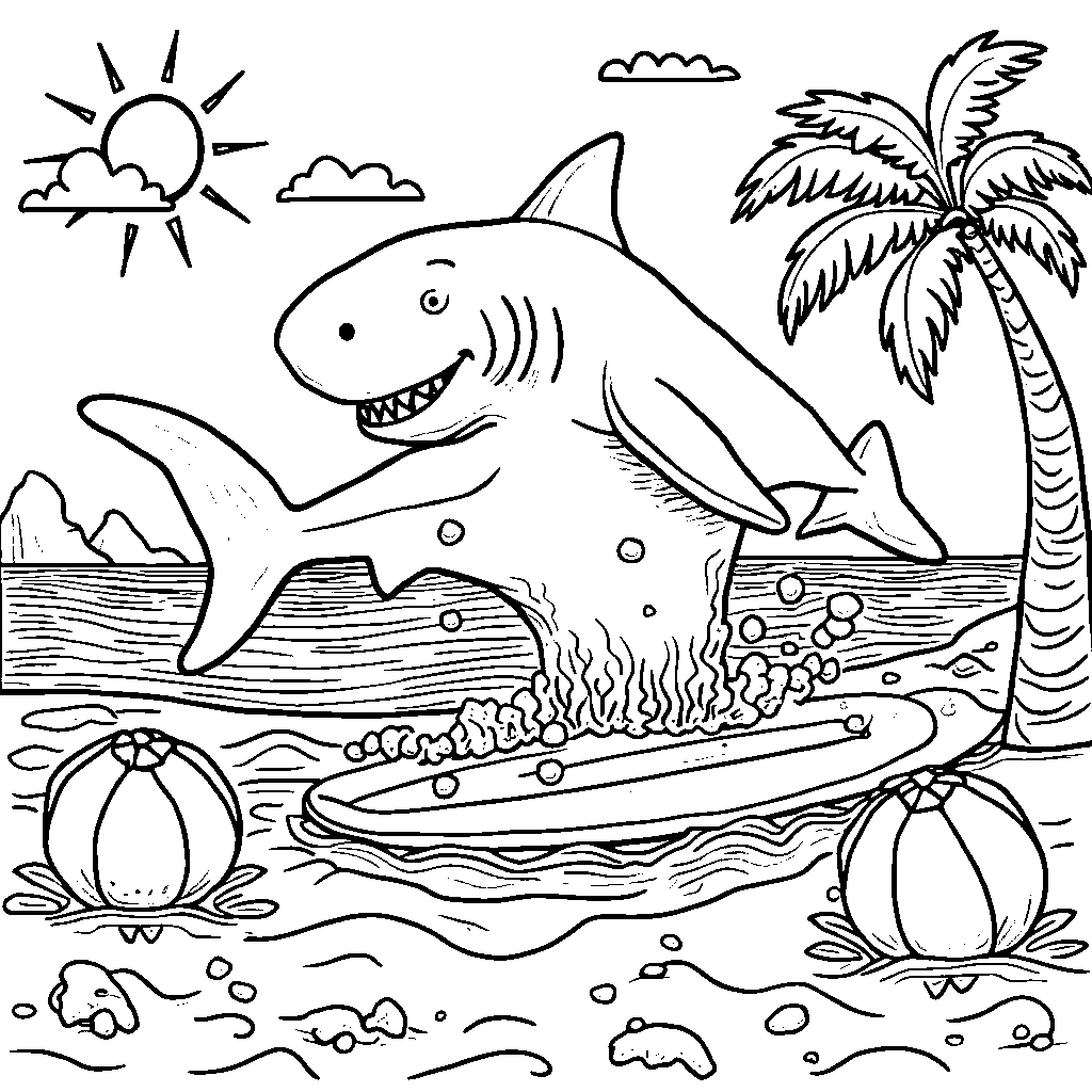 A silly shark playing with beach balls and surfboards.