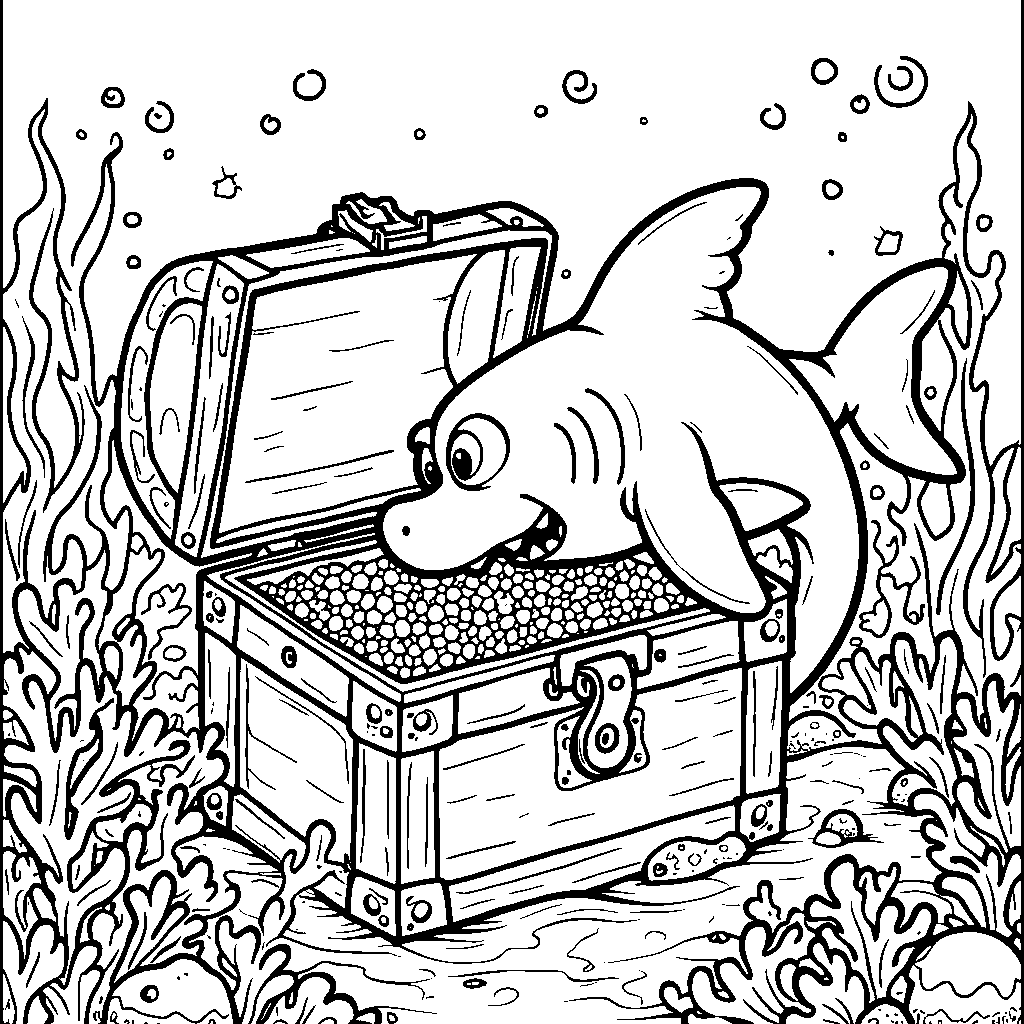 An adventurous shark exploring a treasure chest on the ocean floor