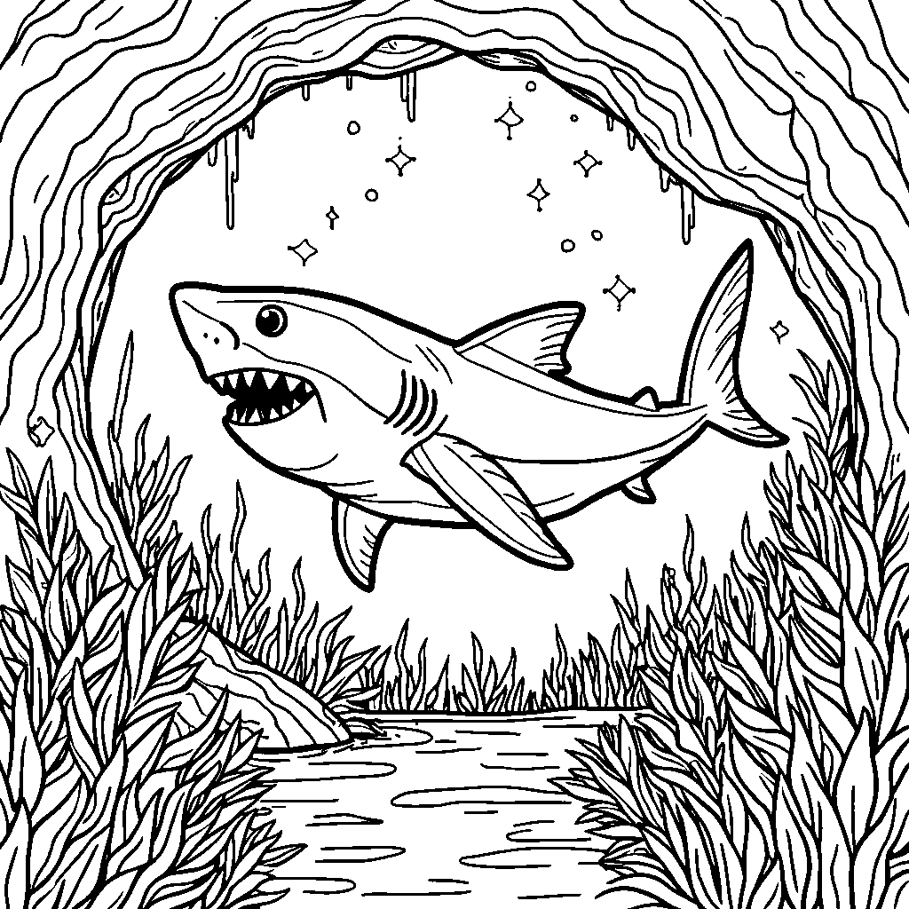 A curious shark discovering a magical underwater cave.