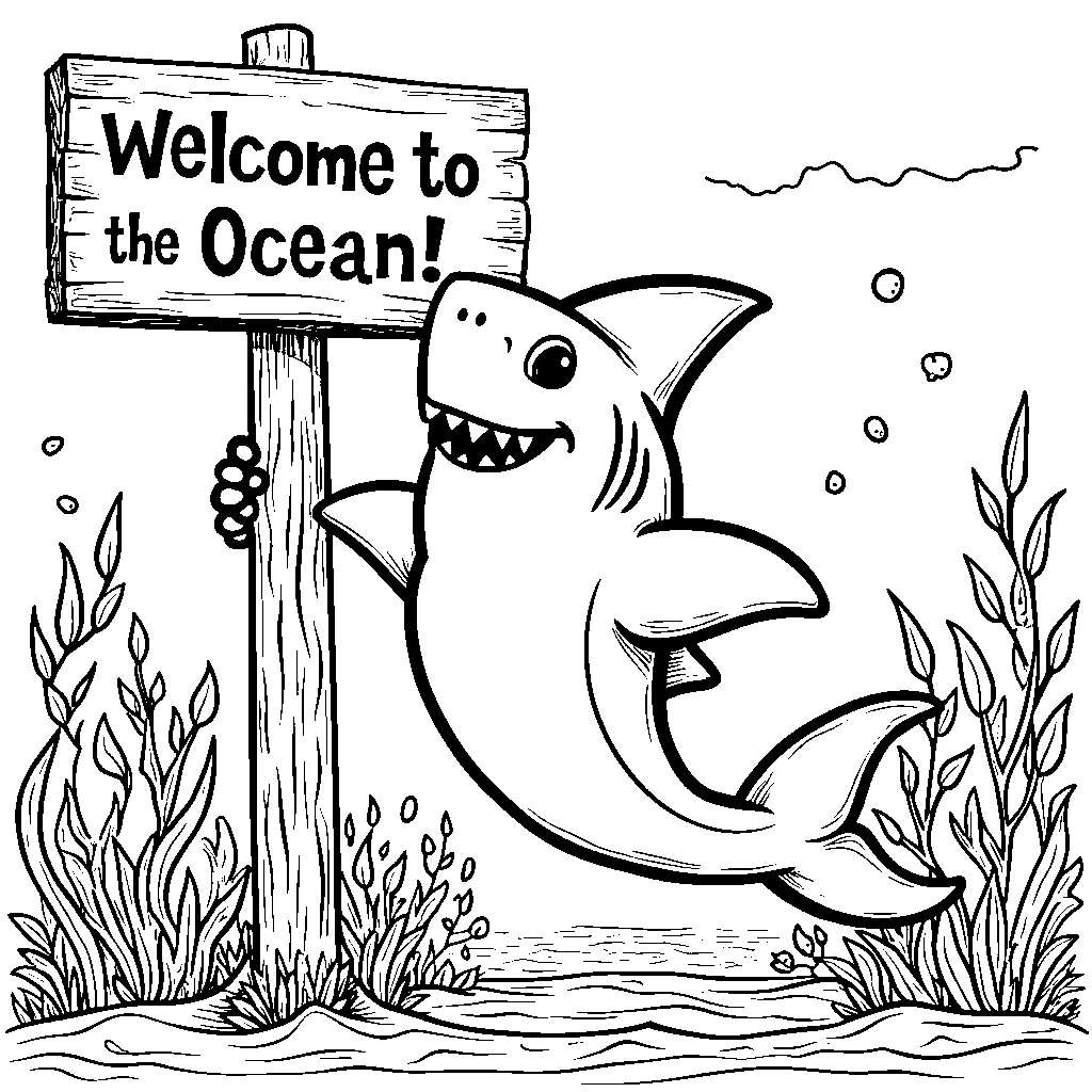 A friendly shark holding a sign that says 'Welcome to the Ocean!'