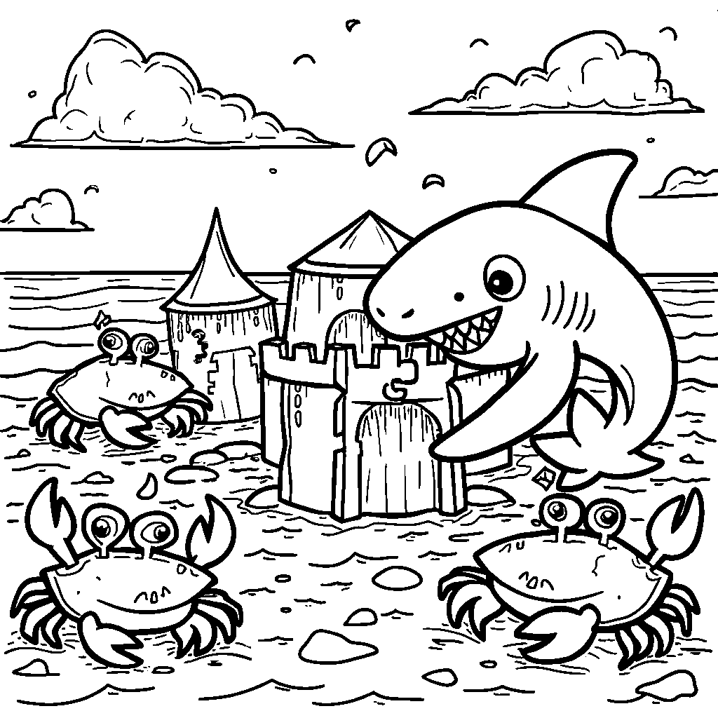 A shark building a sandcastle with crabs as helpers