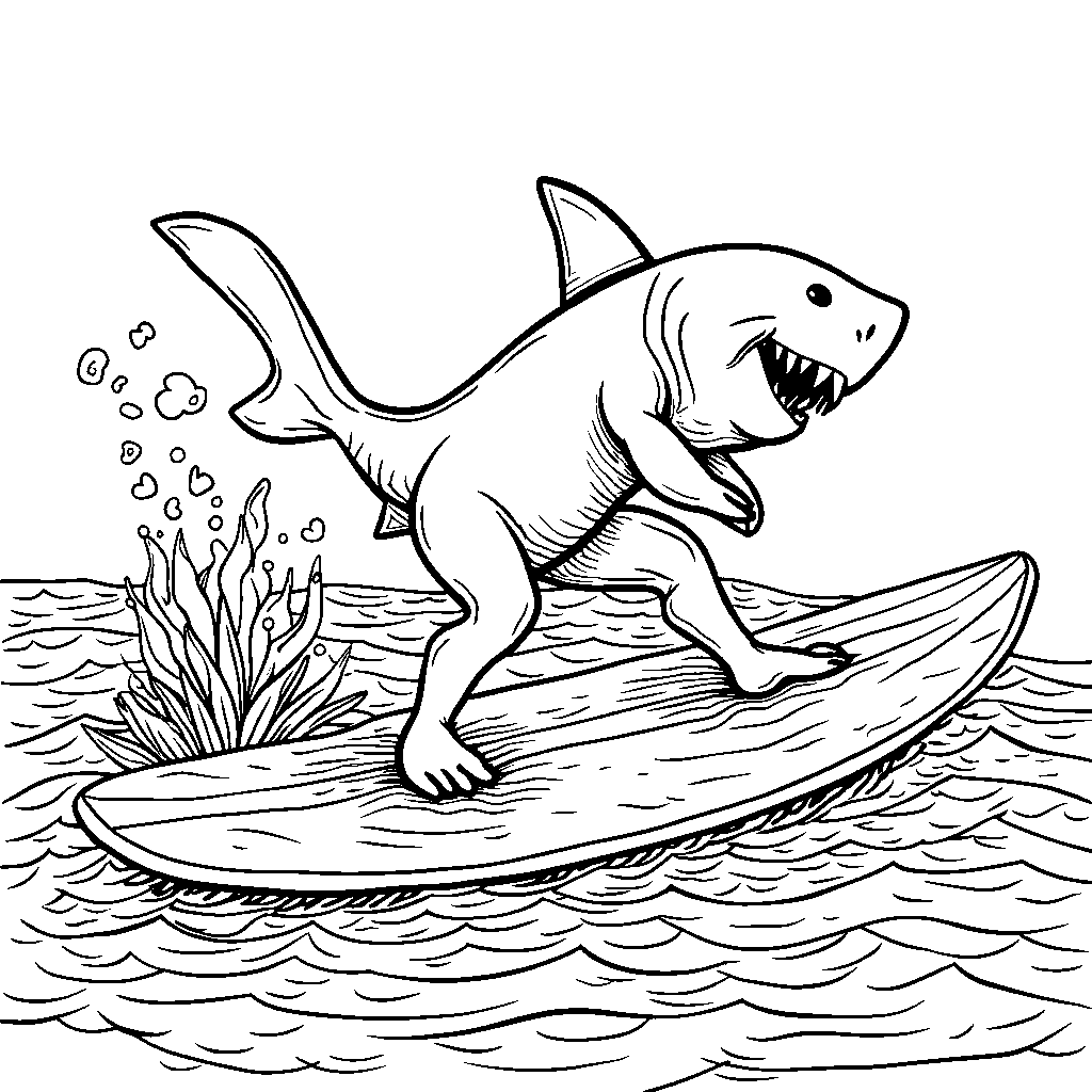 A shark doing yoga poses on a surfboard in the ocean