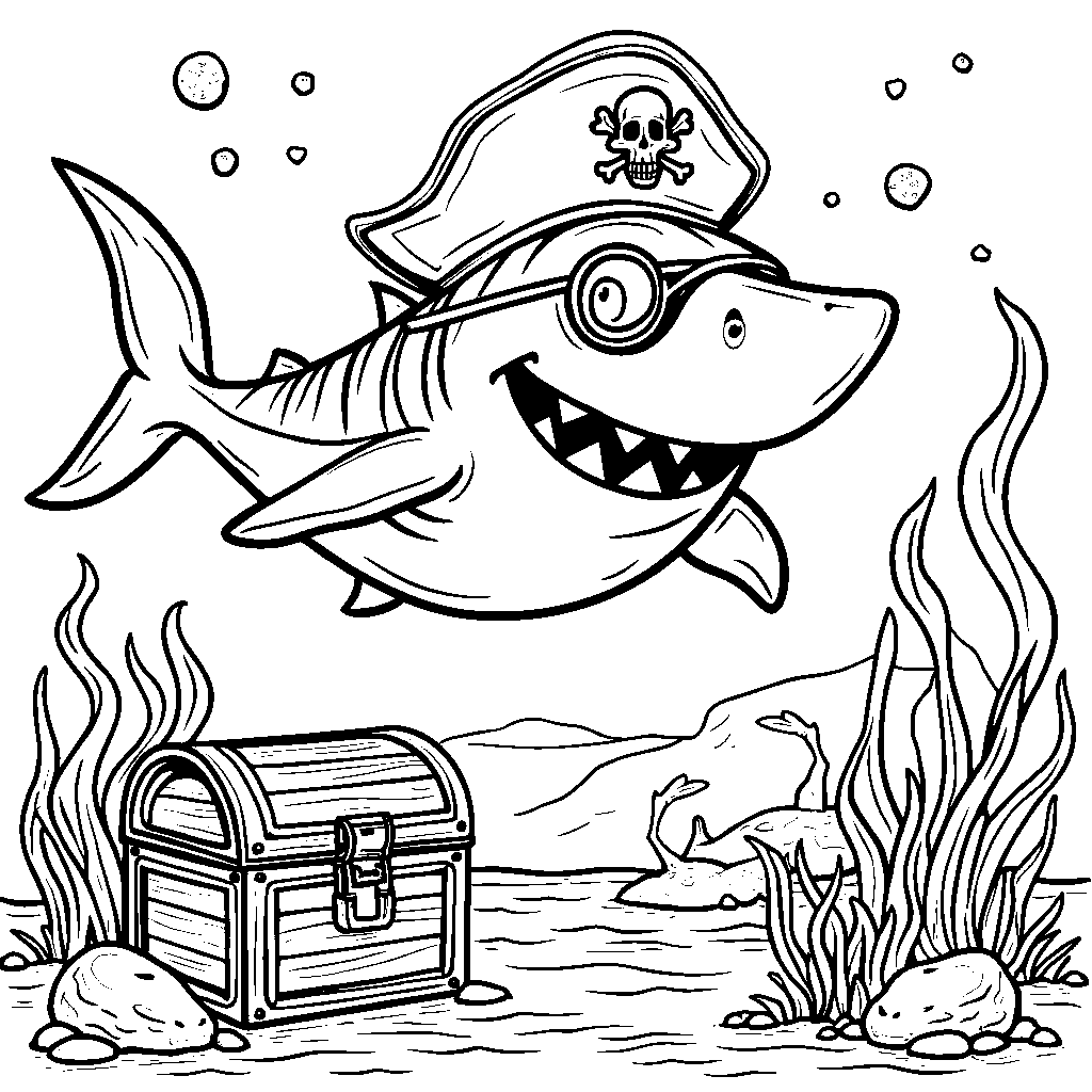 A shark dressed as a pirate with a treasure chest