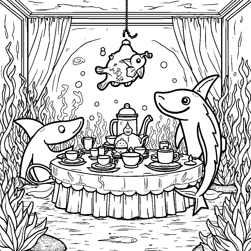 A shark having a tea party with other sea creatures