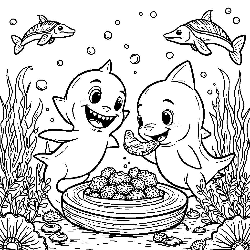 A shark sharing snacks with friends underwater