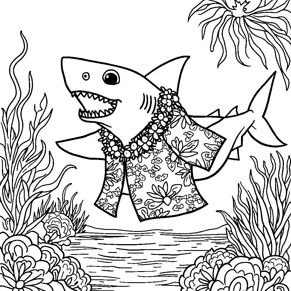 A shark wearing a Hawaiian shirt and leis, celebrating a luau.