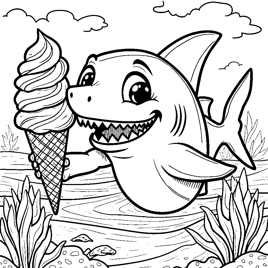 A shark with a big toothy grin eating an ice cream cone.