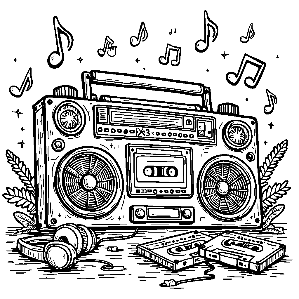 A cartoonish illustration of a boombox playing music