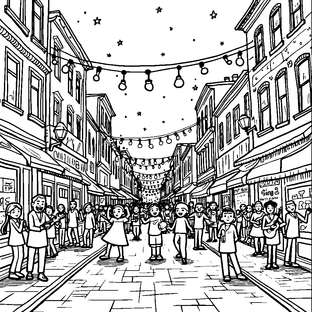 A city street filled with Sing 2 characters performing music