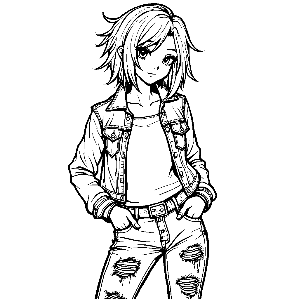 Ash's punk rock-inspired outfit with ripped jeans and a leather jacket