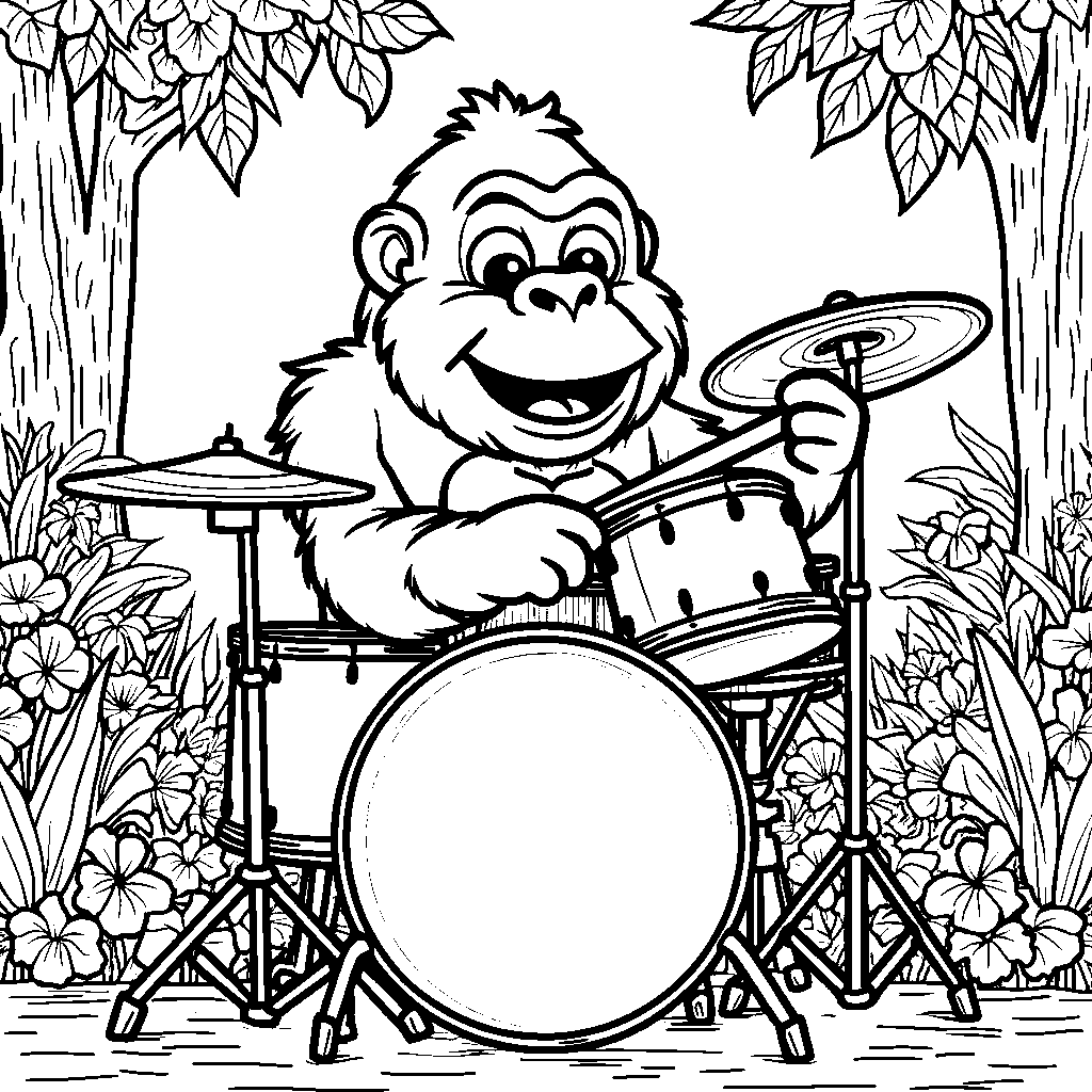 Johnny the gorilla playing the drums with a big smile