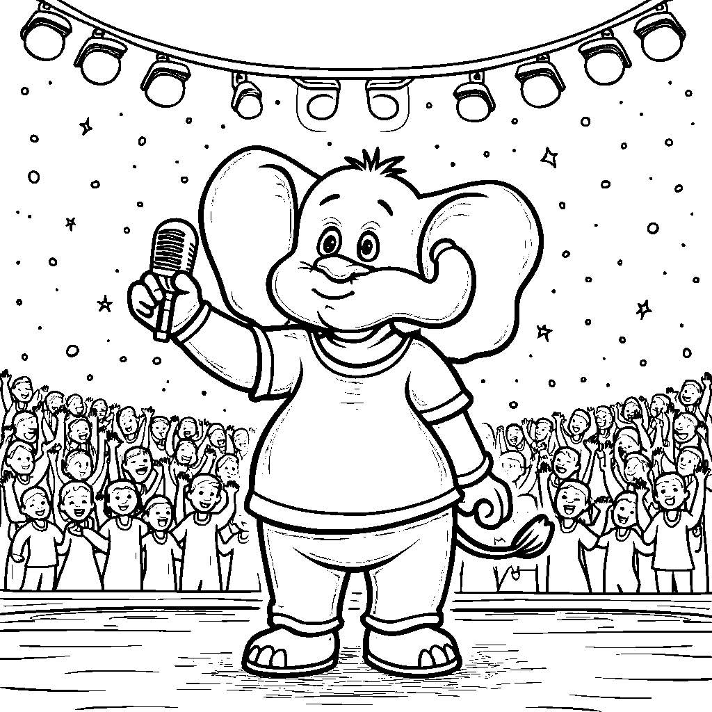 Meena the elephant singing on stage with a microphone