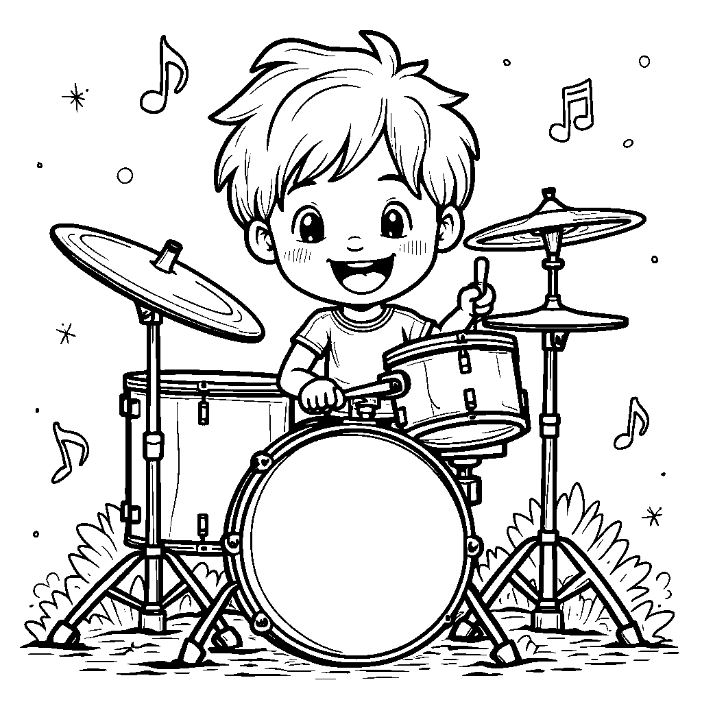 Meena's little brother playing a kid-sized drum set