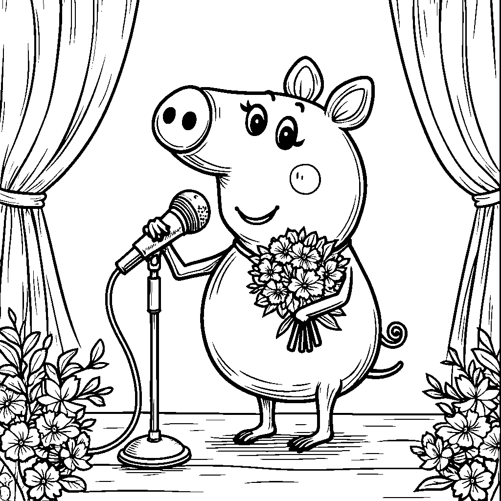 Rosita the pig singing a romantic ballad with a bouquet of flowers