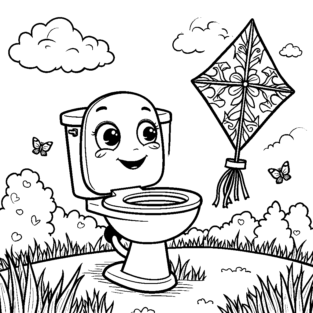 A cartoonish skibidi toilet flying a colorful kite