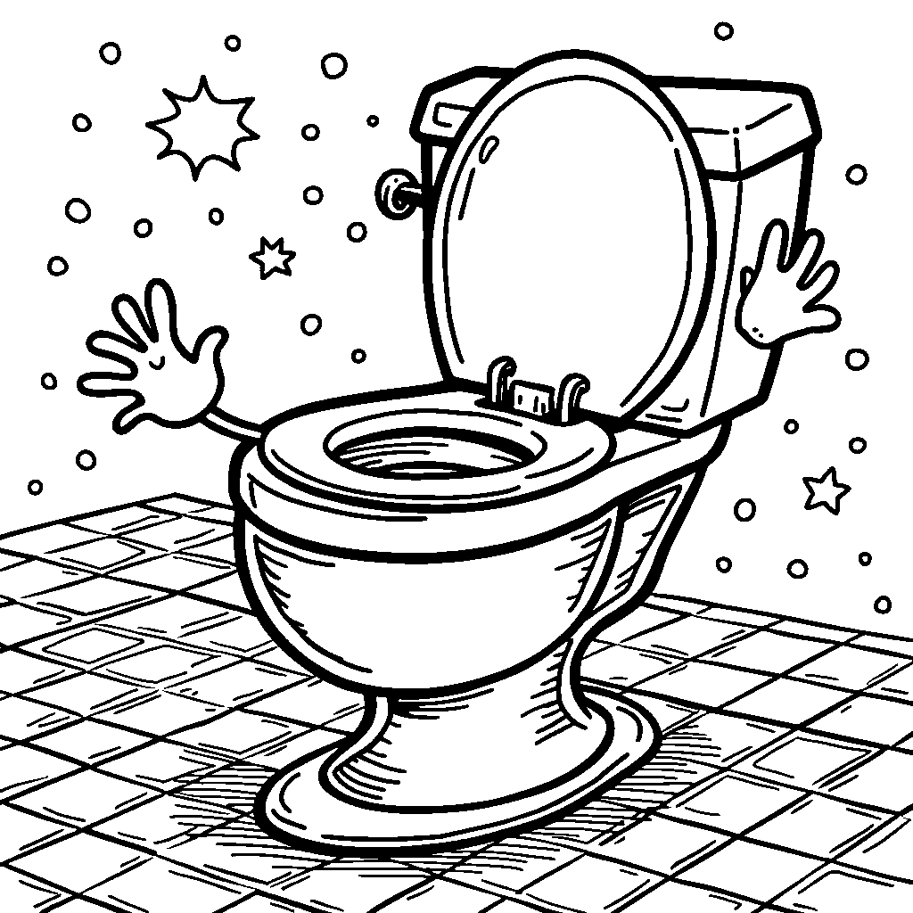 A happy skibidi toilet dancing on rainbow-colored tiles