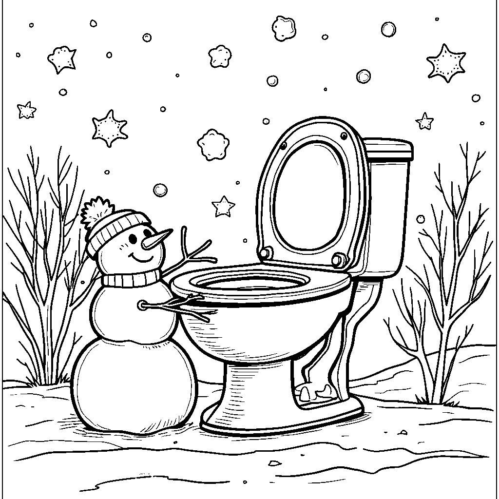 A skibidi toilet building a snowman in winter