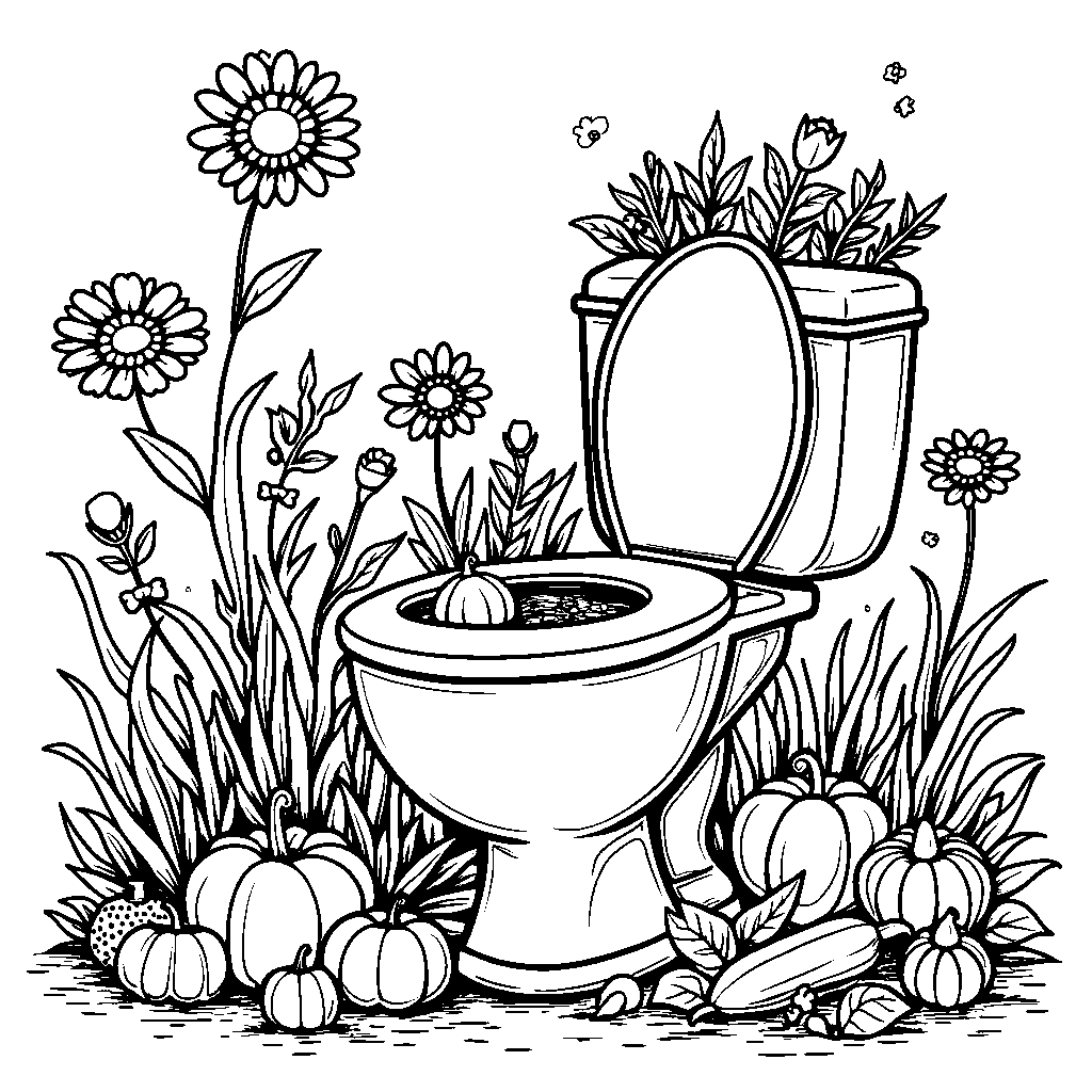 A skibidi toilet gardening with flowers and vegetables