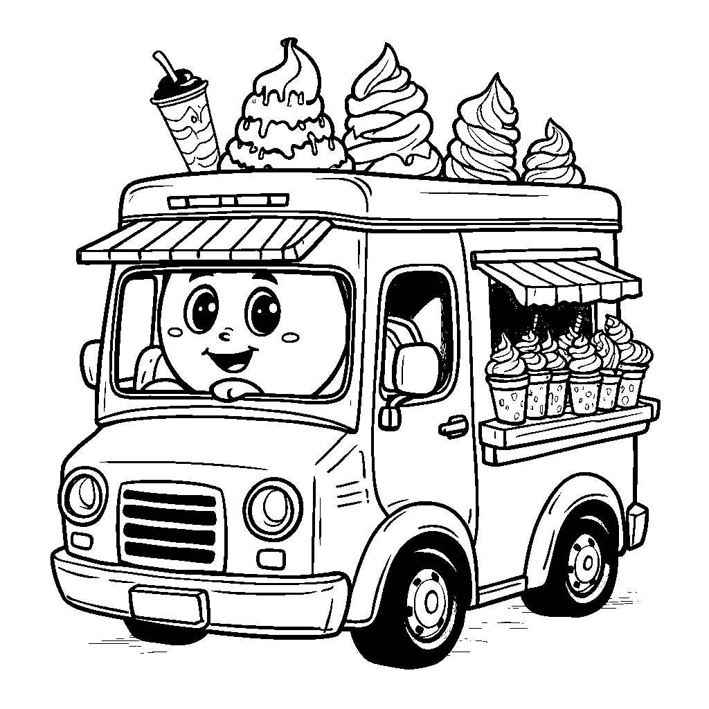 A skibidi toilet ice cream truck serving desserts