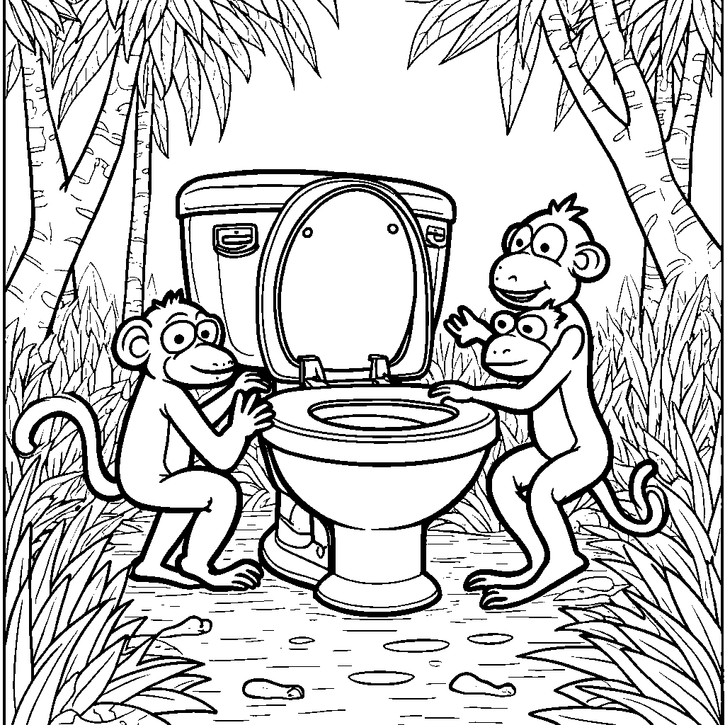 A skibidi toilet in a cartoon jungle with playful monkeys