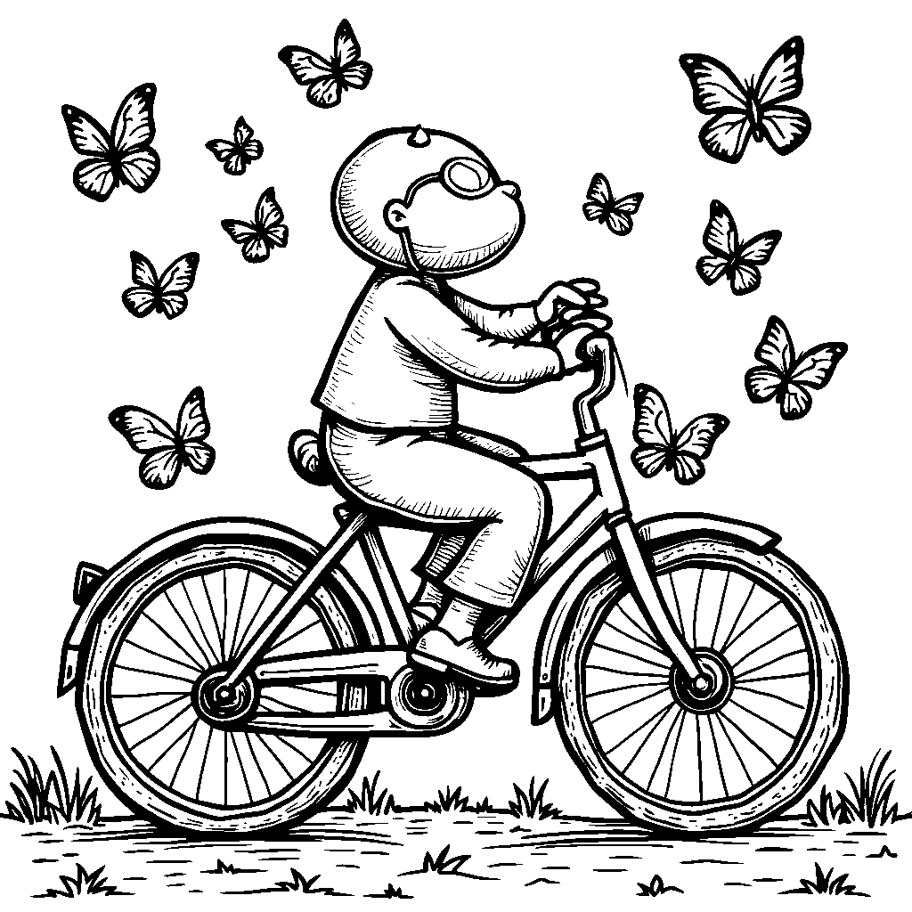 A skibidi toilet on a bicycle surrounded by butterflies