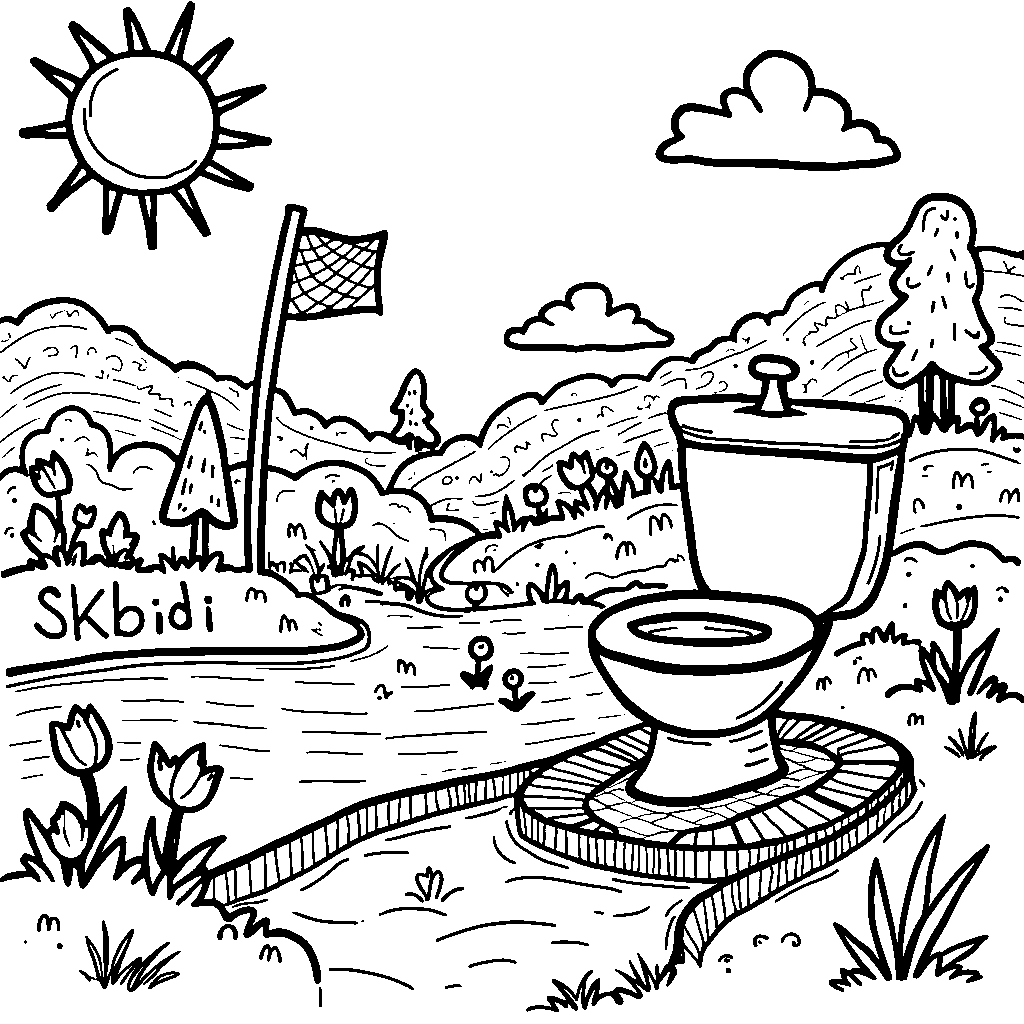 A skibidi toilet playing mini-golf in a vibrant course