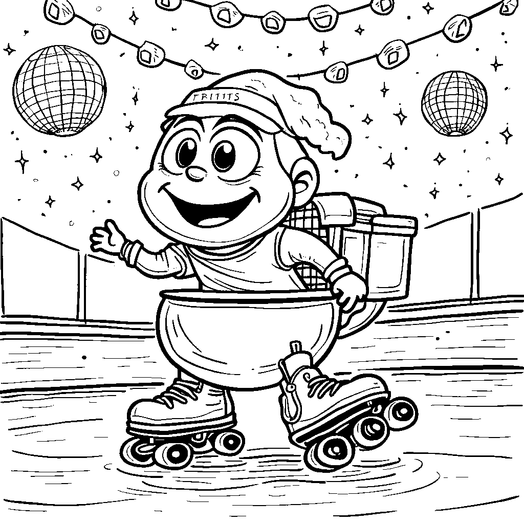 A skibidi toilet roller skating at a vibrant rink