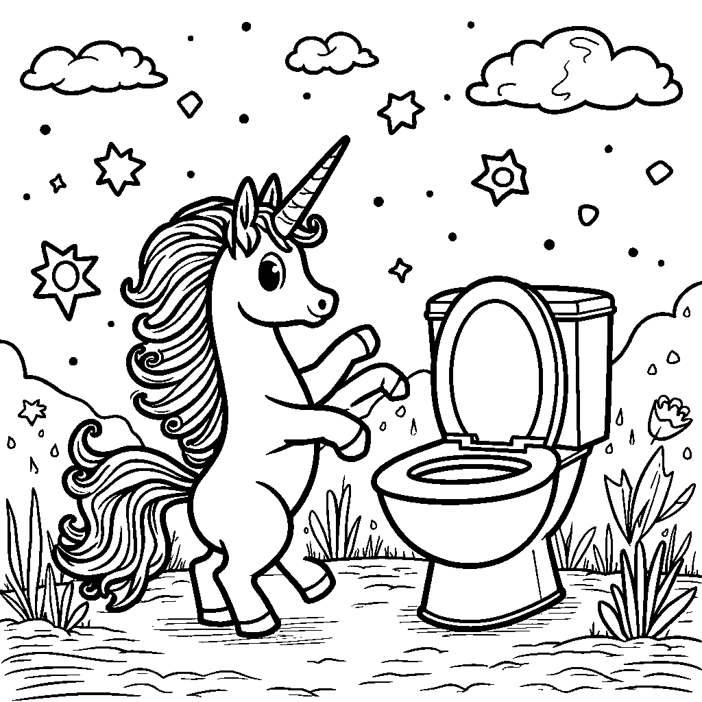 A skibidi toilet with a magical unicorn friend