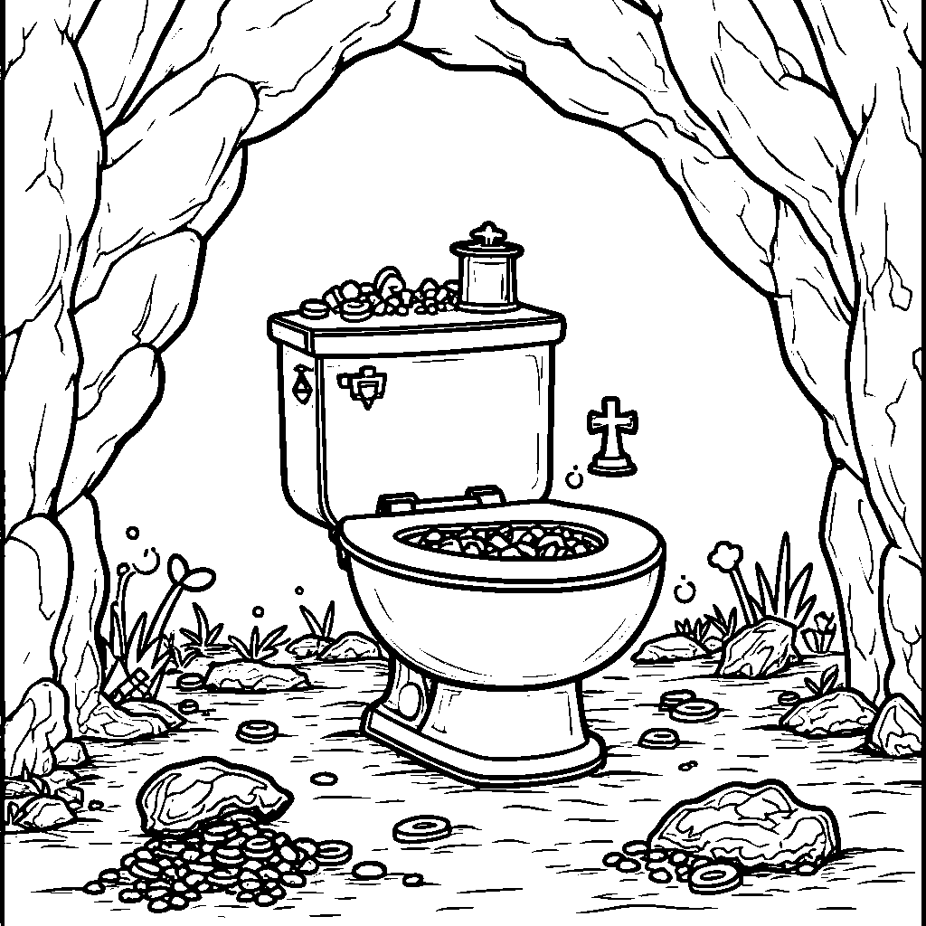 Skibidi toilet exploring a treasure-filled cave