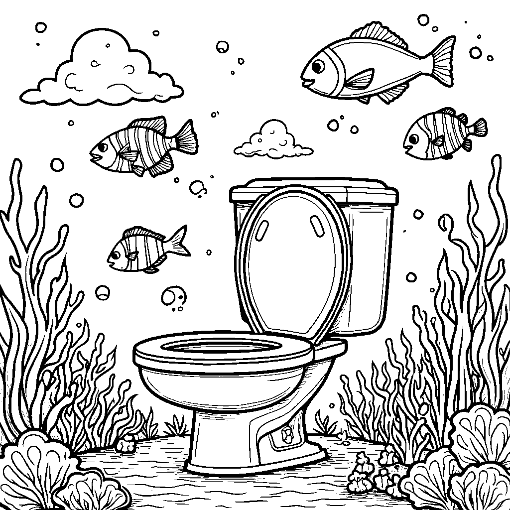 A skibidi toilet exploring an underwater world with fish