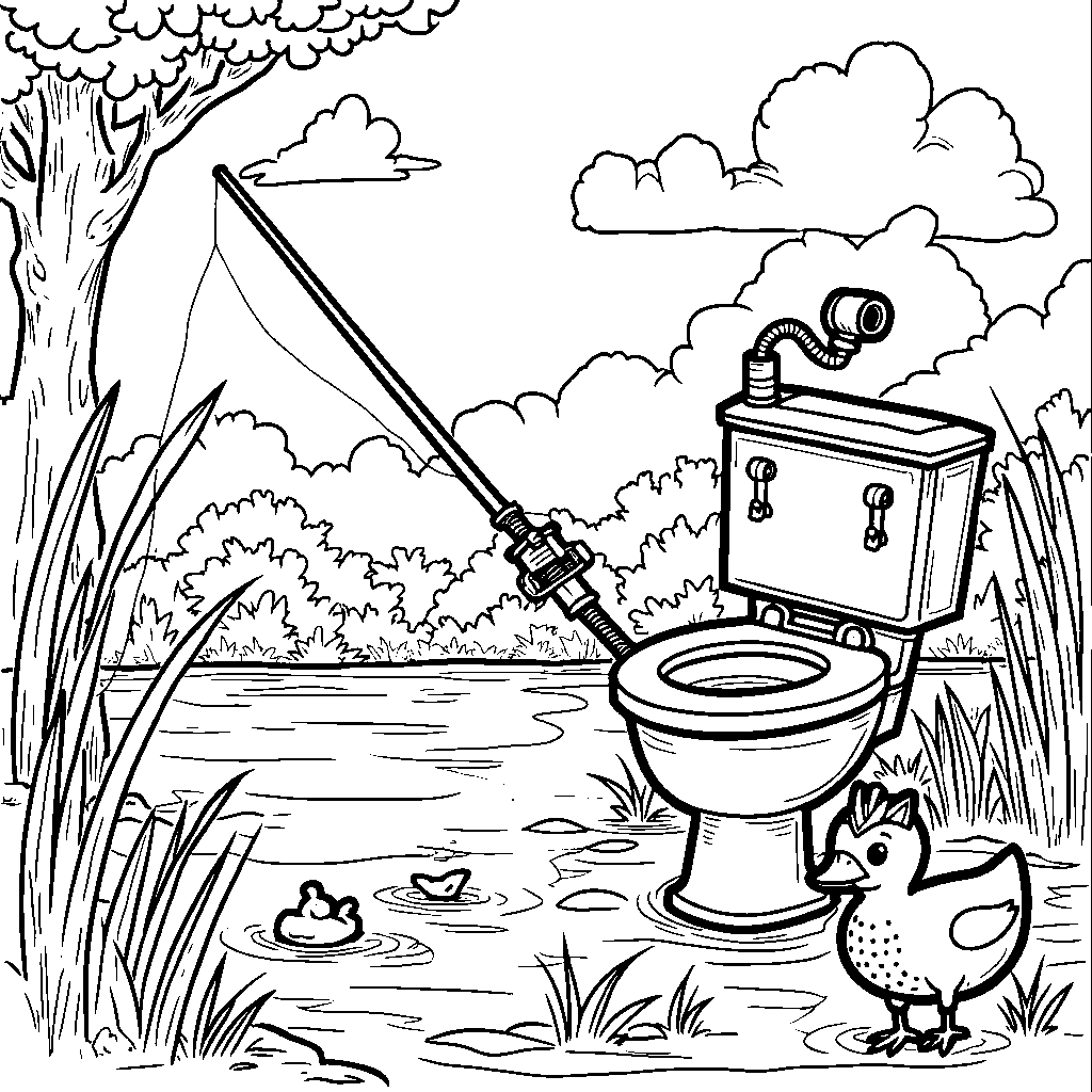 Skibidi toilet going fishing with its friends by a lake