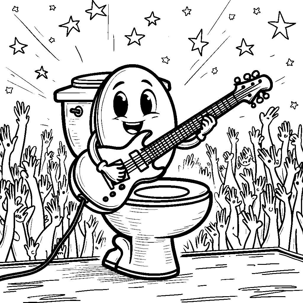 Skibidi toilet playing a guitar at a rock concert