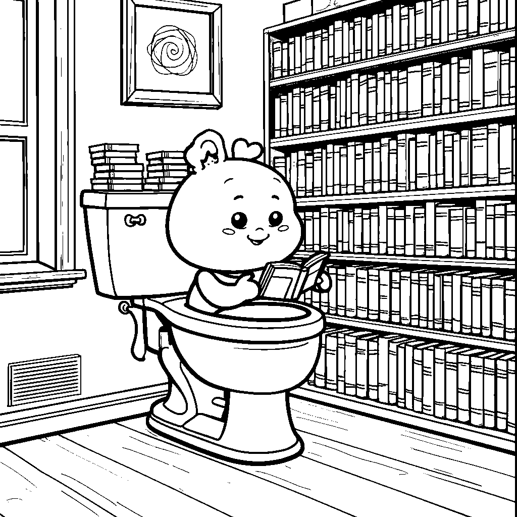 Skibidi toilet reading a book in a cozy library