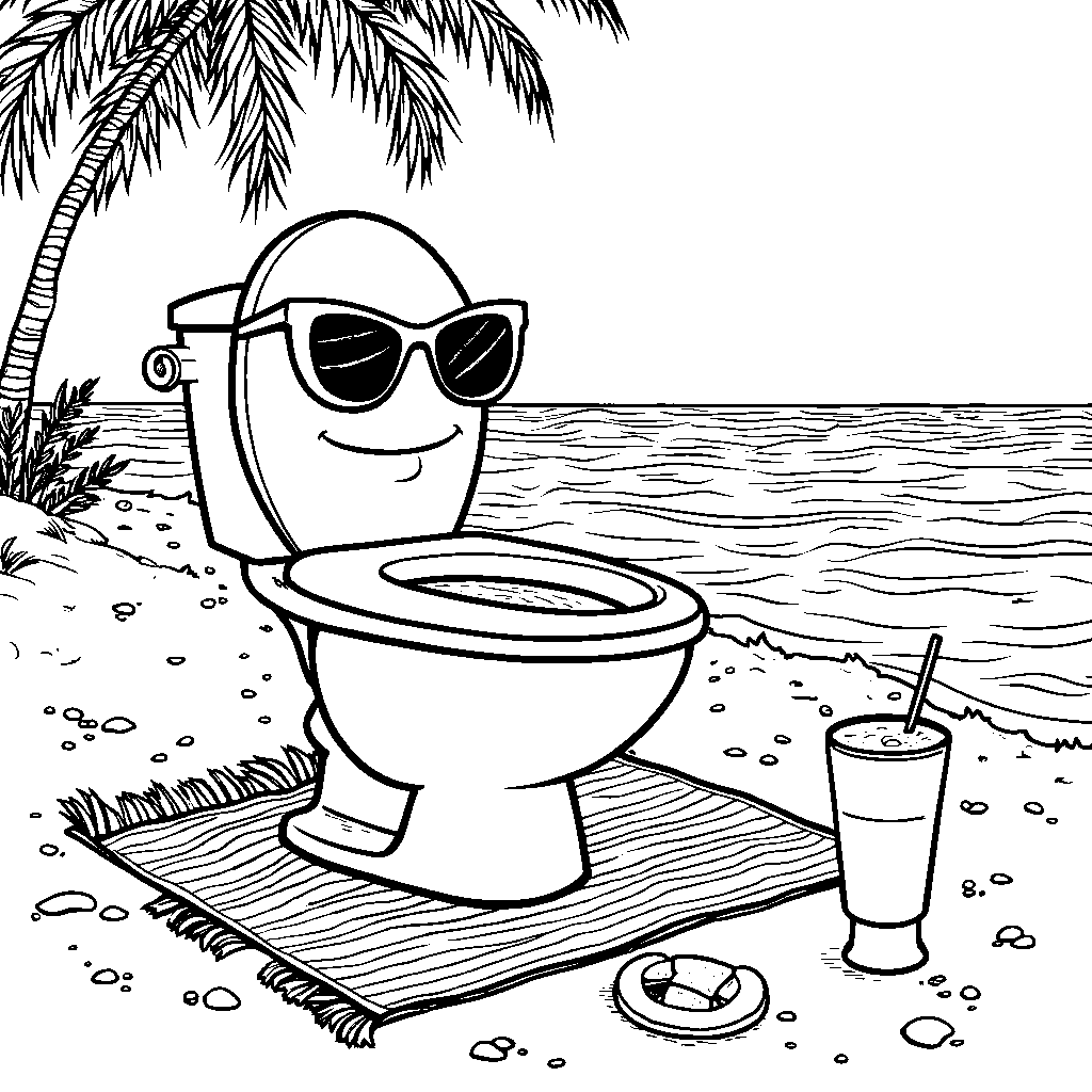 Skibidi toilet with sunglasses relaxing on a beach