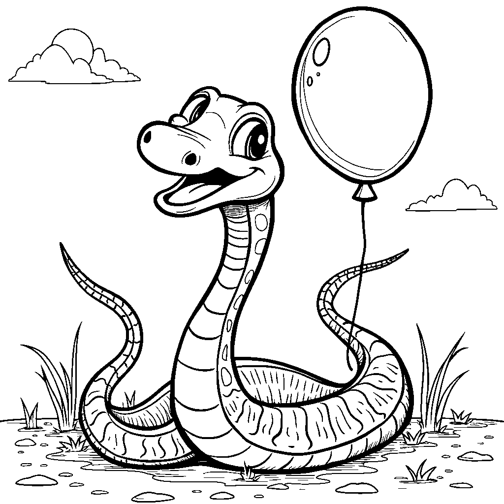 A cartoon snake with a big smile, holding a balloon