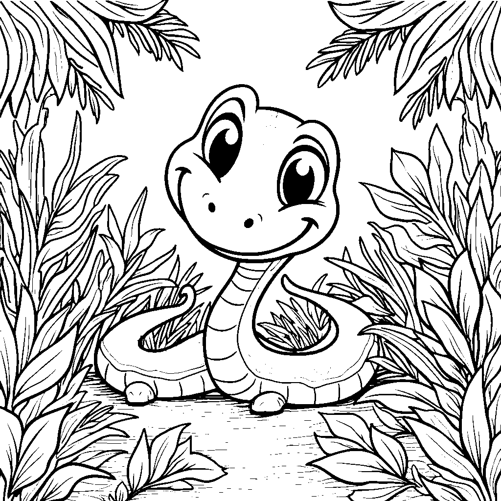 A friendly cartoon snake slithering through a colorful jungle