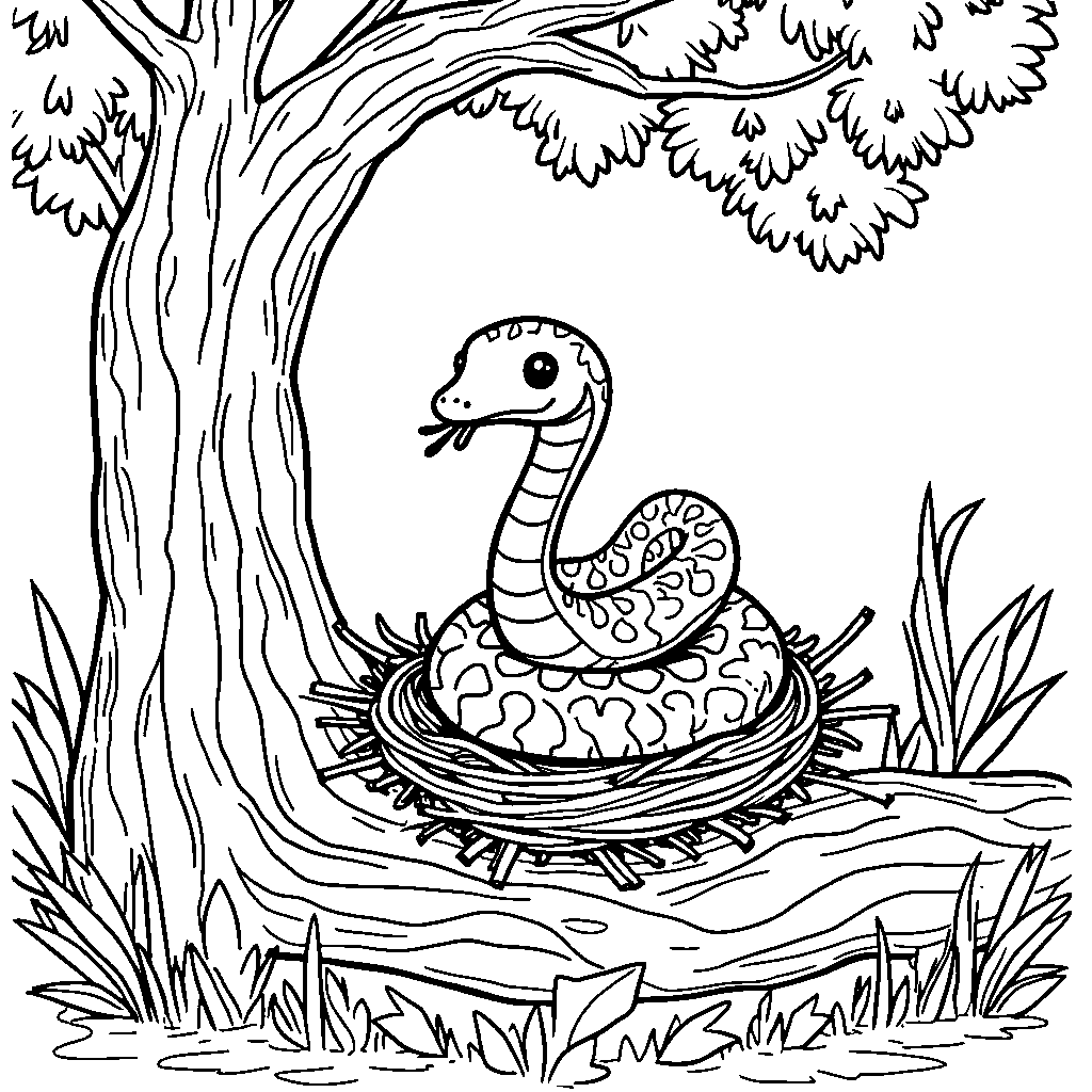 A friendly snake helping a bird build a nest in a tree