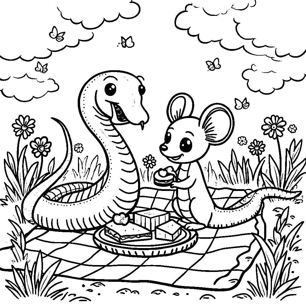 A snake and a mouse sharing a picnic in a sunny meadow