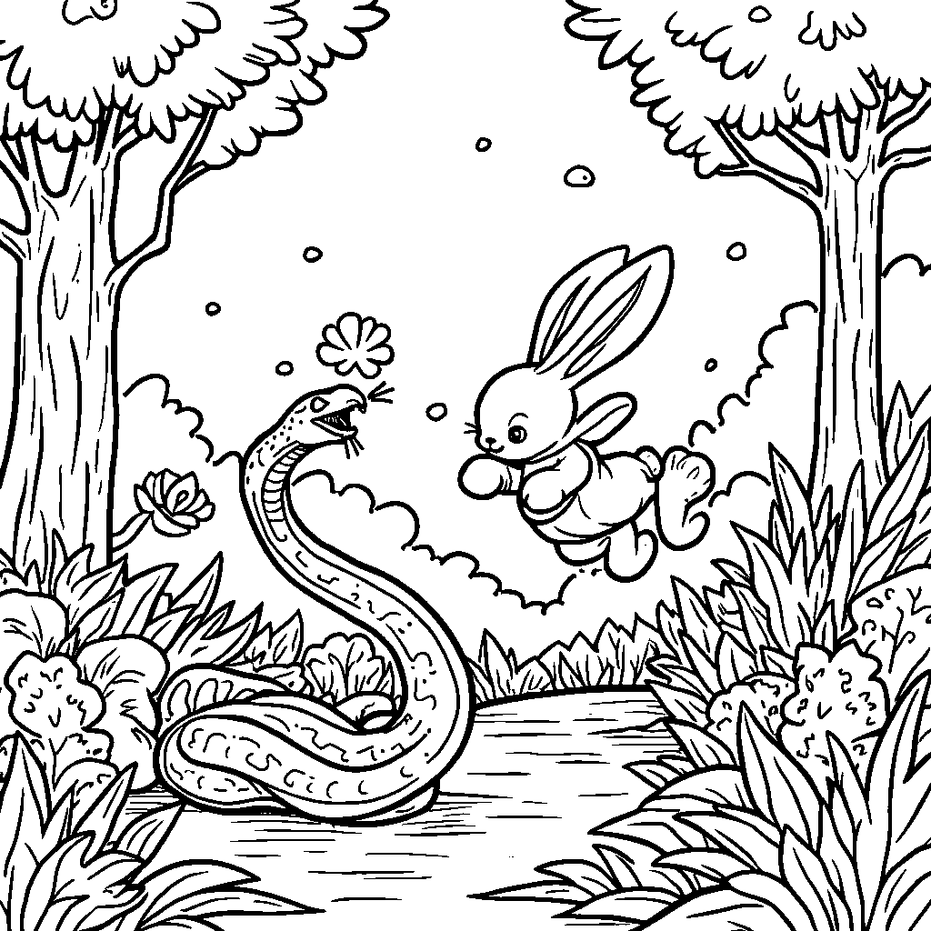 A snake and a rabbit having a race in the forest