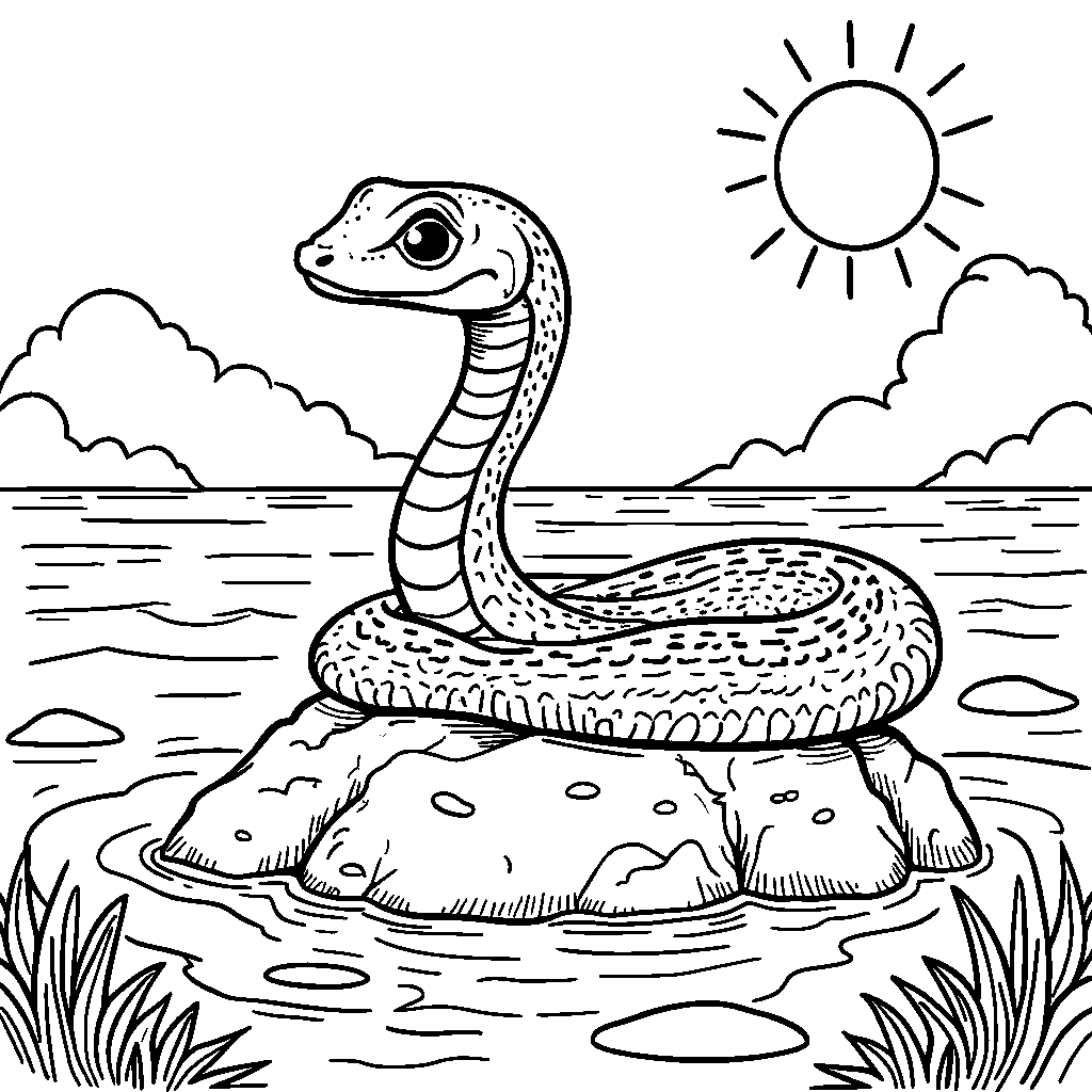 A snake basking in the sun on a rock by the ocean