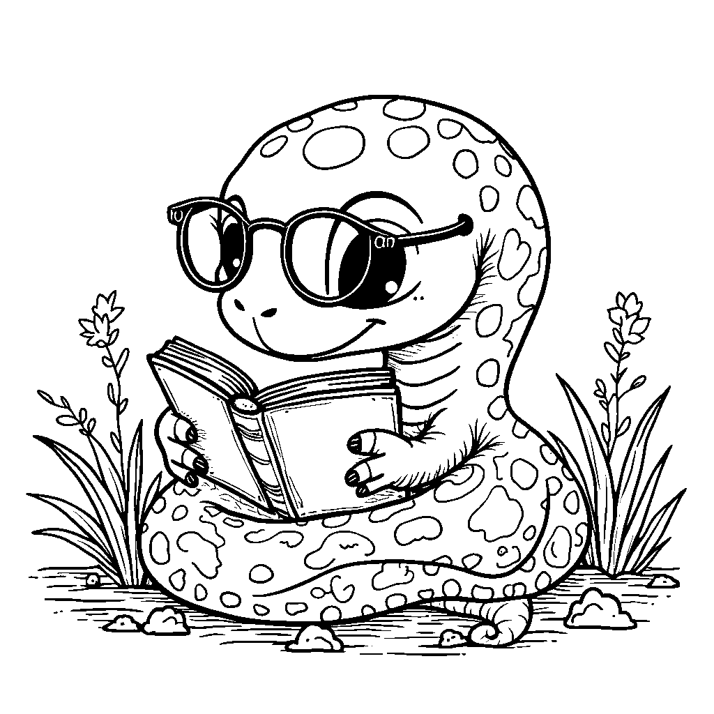 A snake curled up with a book, wearing glasses.