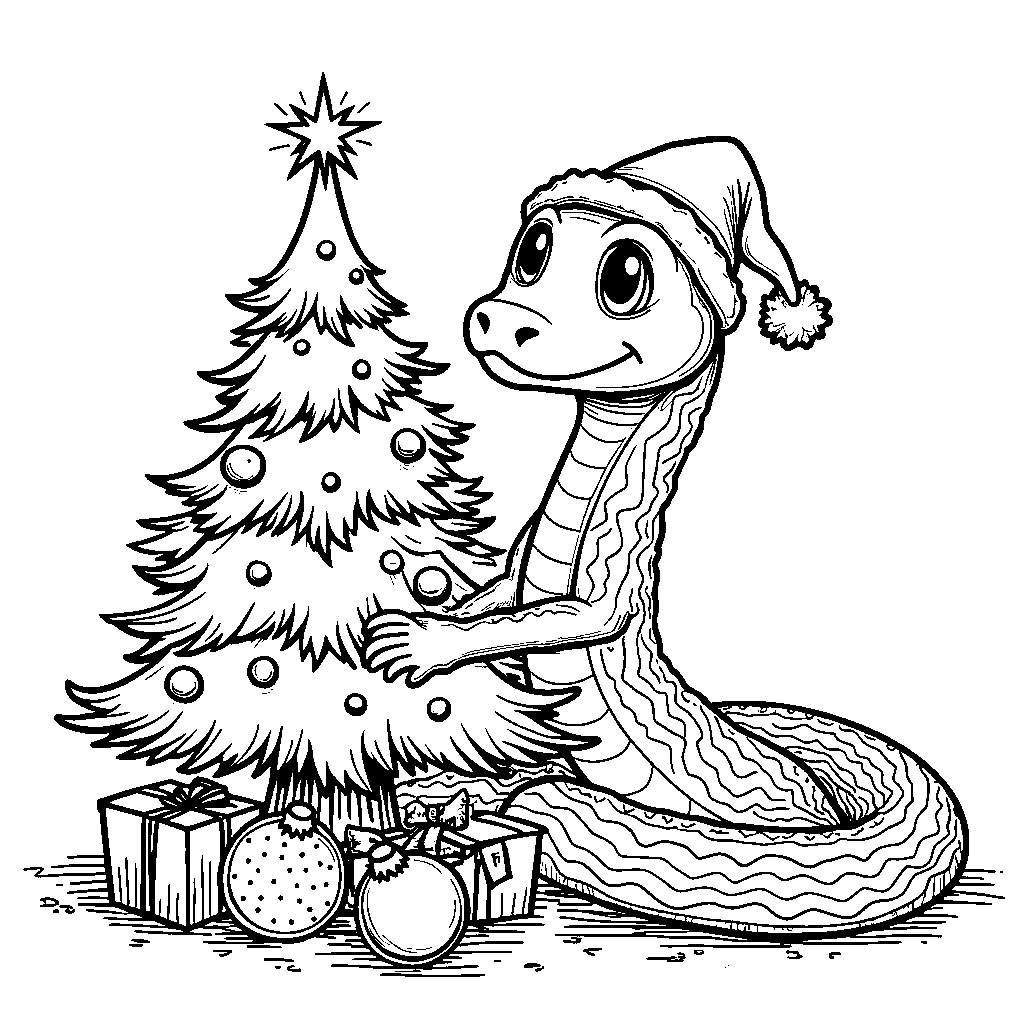 A snake decorating a Christmas tree with shiny ornaments