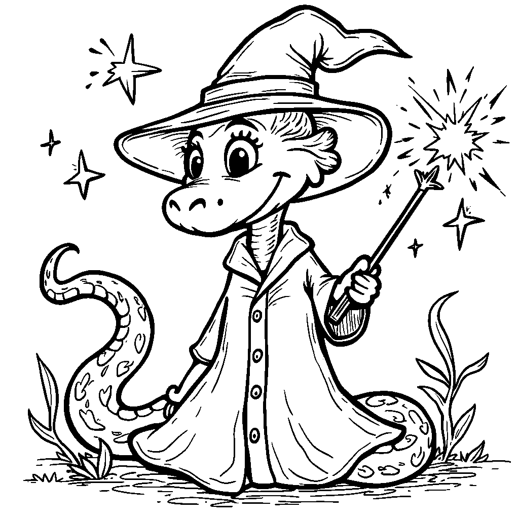 A snake dressed as a wizard casting spells with stars