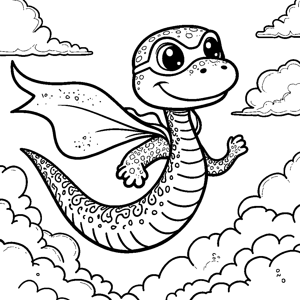 A snake dressed up as a superhero, flying through the sky