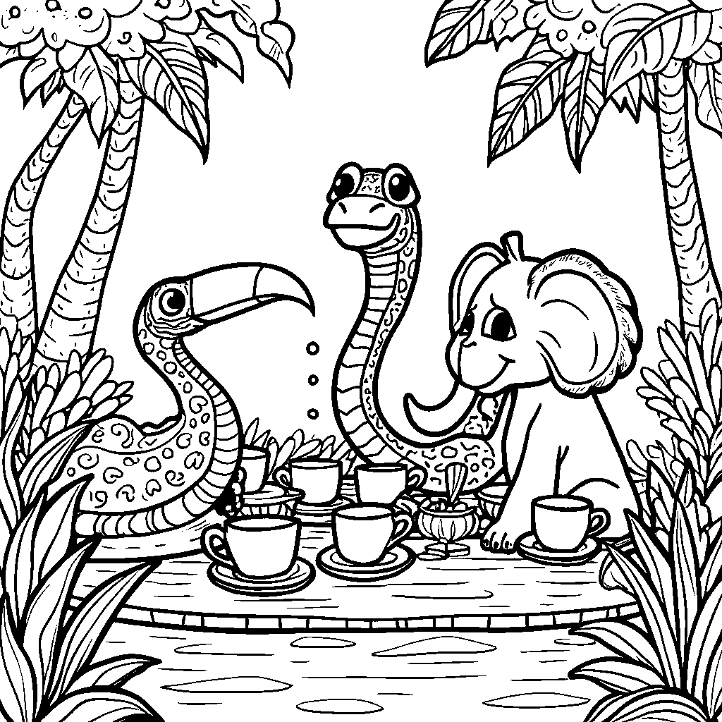 A snake enjoying a tea party with other jungle animals