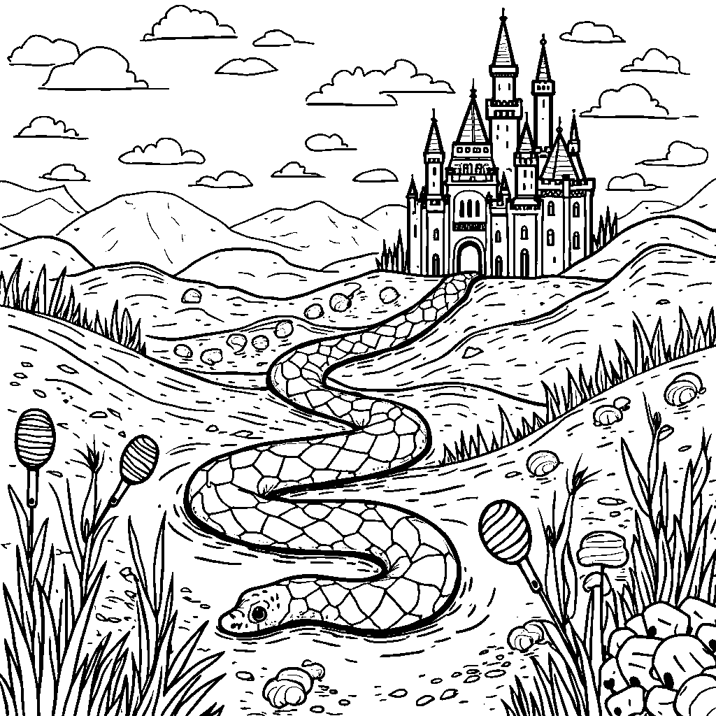 A snake exploring a magical land filled with candy.