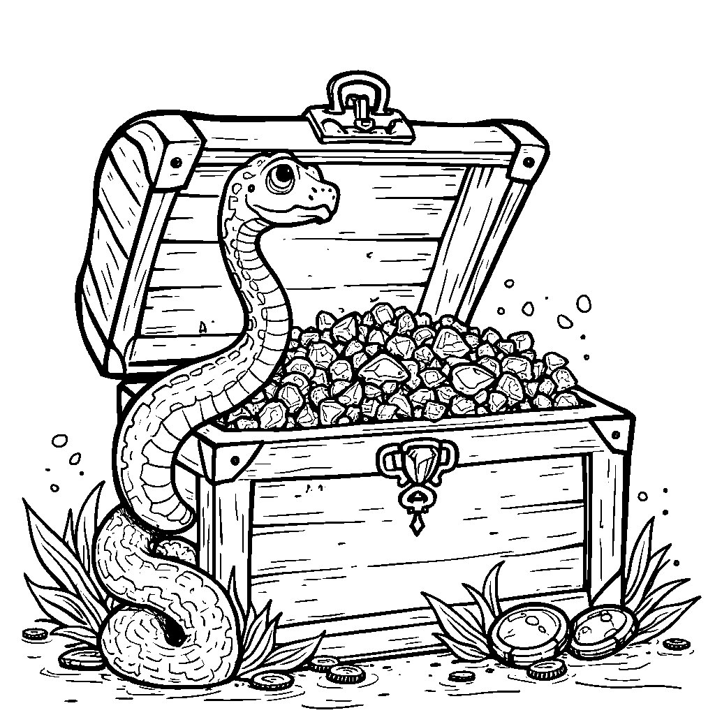 A snake exploring a treasure chest filled with shiny objects