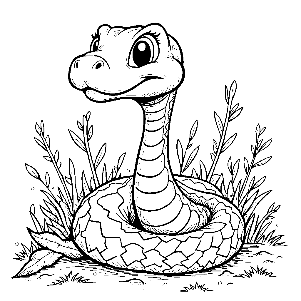 A snake hiding behind a bush with a playful grin